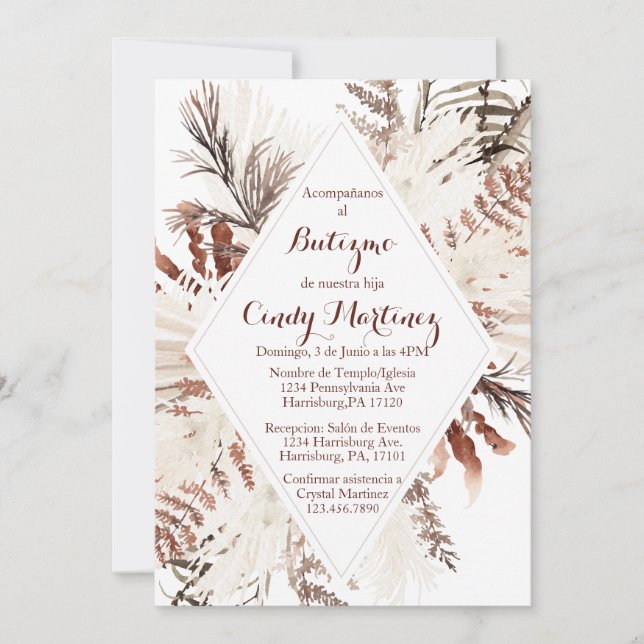 Boho beige baptême invitation pour fille (Devant)