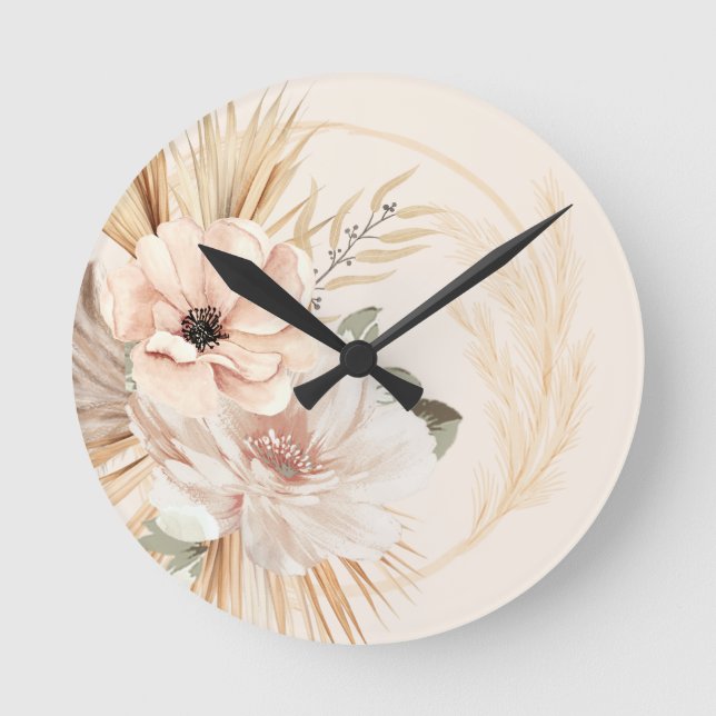 Boho Beige Blume Runde Wanduhr (Vorderseite)
