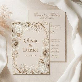 Boho Beige Blume und White Roses Wedding Programm