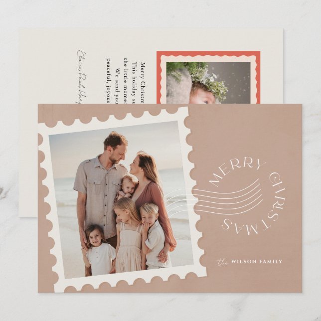 Boho Beige Briefmarke 2 Foto Weihnachten (Vorne/Hinten)