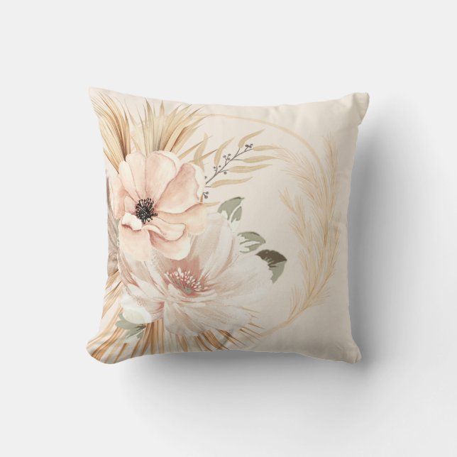 Boho Beige Brown Wasserfarben Blume Palms Kissen (Vorderseite)