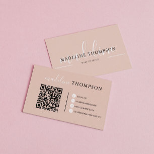 Boho Beige Calligraphy Script QR-Code Visitenkarte