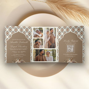 Boho Beige Elfenbein Ikat-Fotocollage indische Hoc Dreifach Gefaltete Einladung