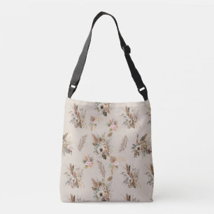 Boho Beige Floral Botanisch Pink Grüne Blume Tragetaschen Mit Langen Trägern