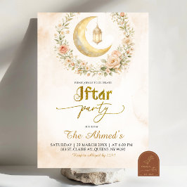 Boho Beige Floral Crescent Ramadan Iftar Party Einladung