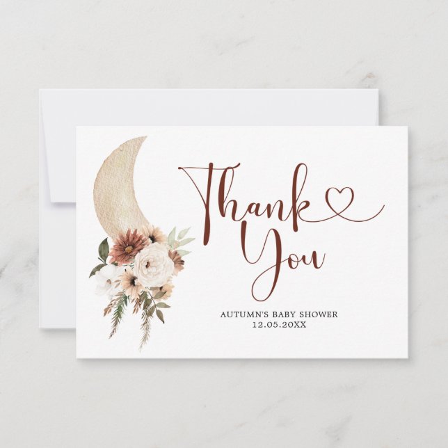 Boho Beige Floral Moon Baby shower Carte de remerc (Devant)