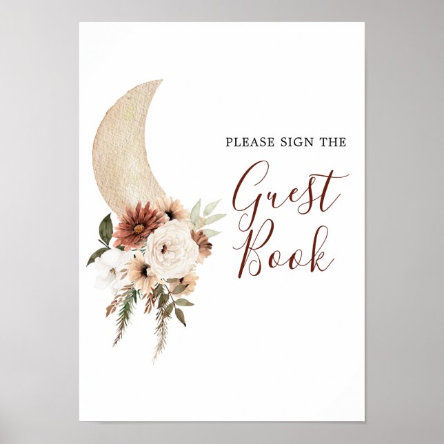 Boho Beige Floral Moon Baby shower Livre d'or (Devant)