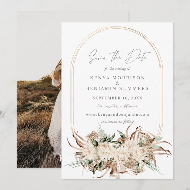 Boho Beige Floral Save the Date Foto Einladung (Vorne/Hinten)