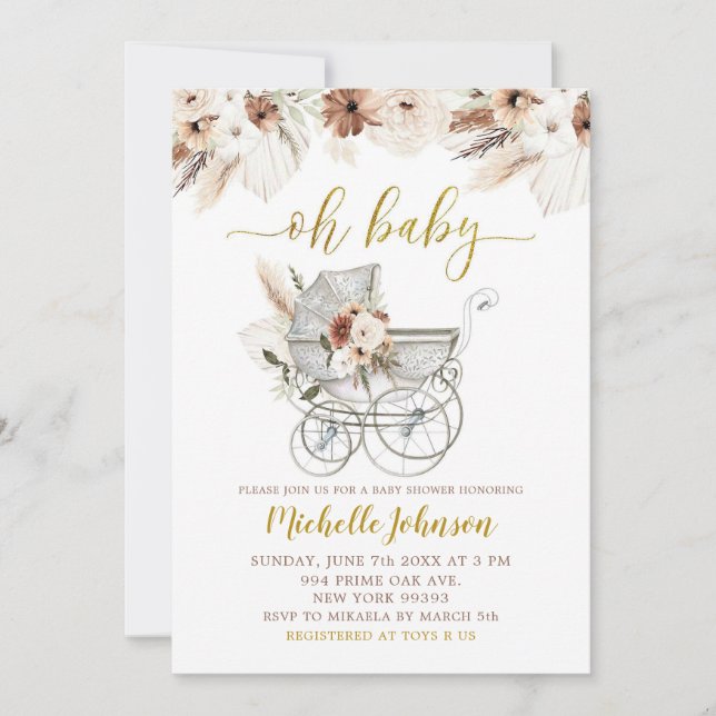 Boho Beige Floral Stroller Baby shower Invitation (Devant)