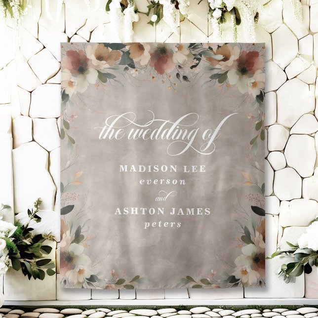 Boho Beige Floral Wedding Foto Stand Hintergrund Wandteppich (Step into a fairy tale with our beautiful wedding backdrops, perfect for capturing your love.)