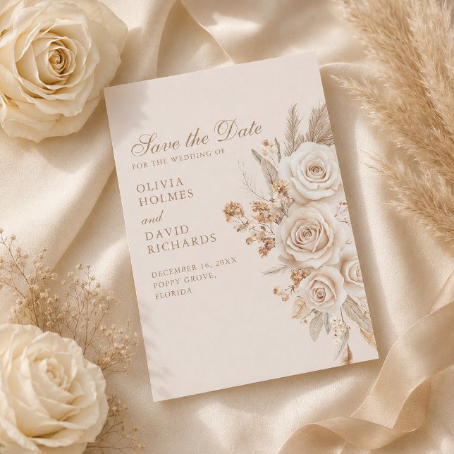 Boho Beige getrocknete Blume und Rose Hochzeit Save The Date (Ivory Roses Neutral Save the Date with ivory roses)