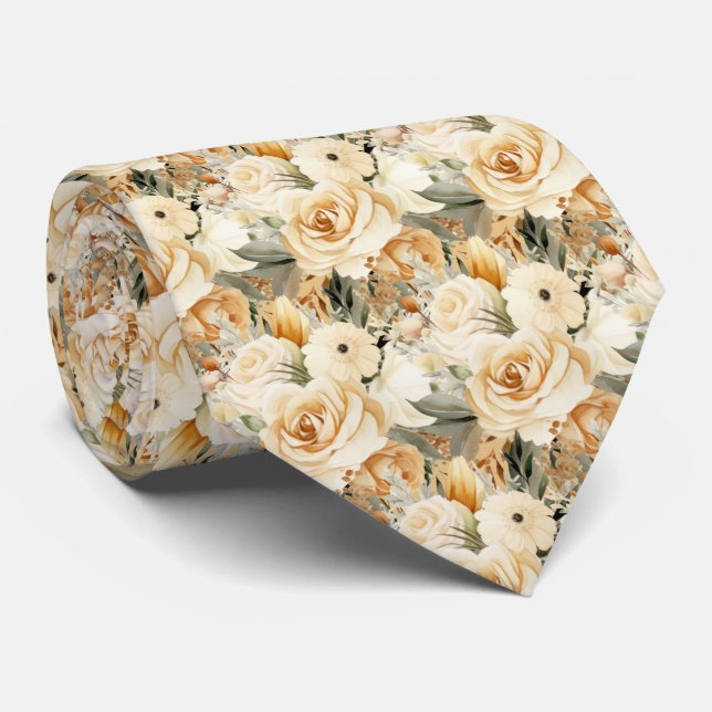 Boho Beige Gold Weiße Rosen Florale Krawatte (Gerollt)