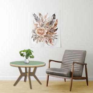 Boho Beige Grau Floral Botanische Wasserfarbe Wandteppich
