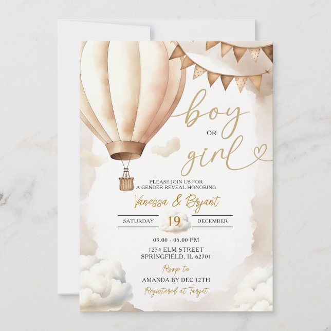 Boho Beige Heißluftballon Boy Girl Gender Reveal Einladung (Vorderseite)