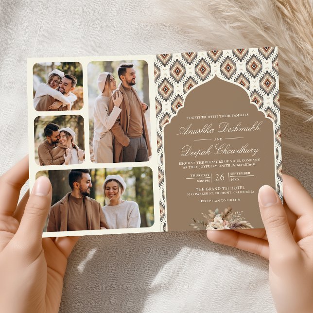 Boho Beige Ivory Ikat Foto Collage Indian Wedding Einladung (Von Creator hochgeladen)