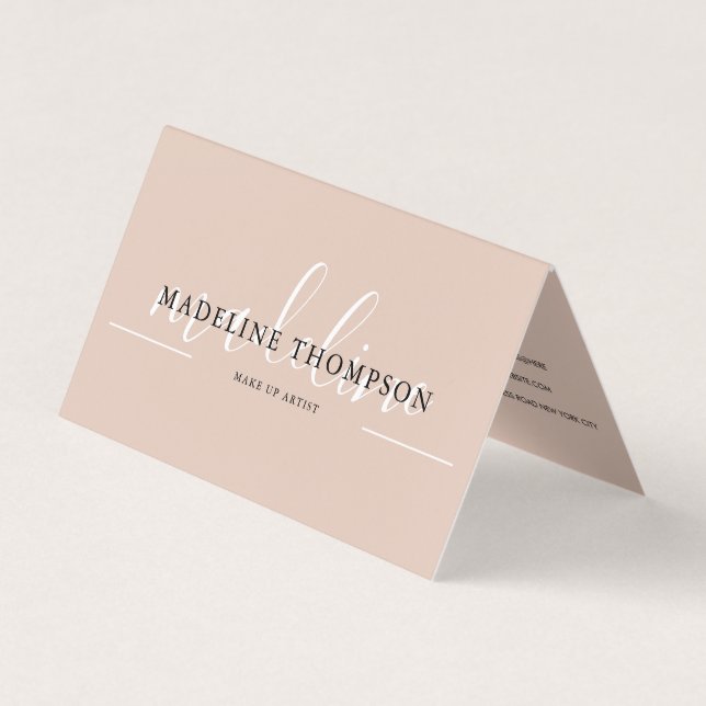 Boho Beige Kalligrafie-Script QR-Code gefaltet Visitenkarten (Vorderseite)