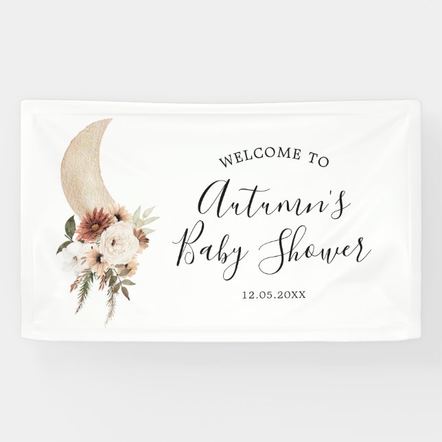 Boho Beige Lune Baby shower Floral Grande Bannière (Horizontal)