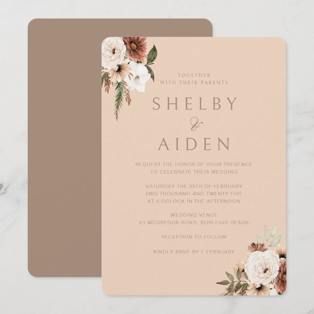 Boho Beige Minimalistische neutrale Hochzeit Einladung (Vorne/Hinten)