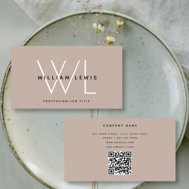Boho Beige Monogram Moderner Minimalistischer QR C Visitenkarte (Boho Beige Monogram Modern Minimalist QR Code Business Card)