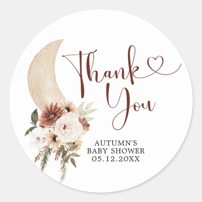 Boho Beige Moon Babydusche Danke, Aufkleber (Vorderseite)