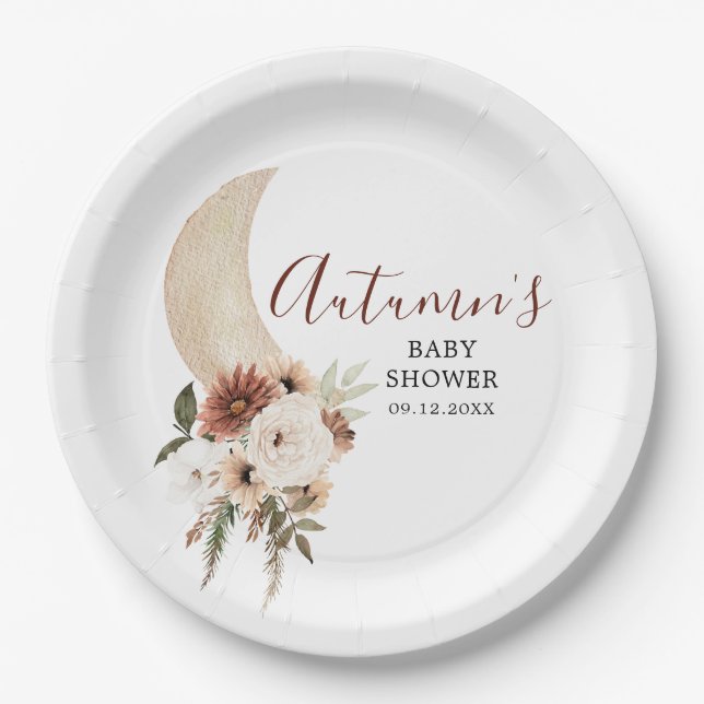 Boho Beige Moon Floral Baby Shower Paper Plate Pappteller (Vorderseite)