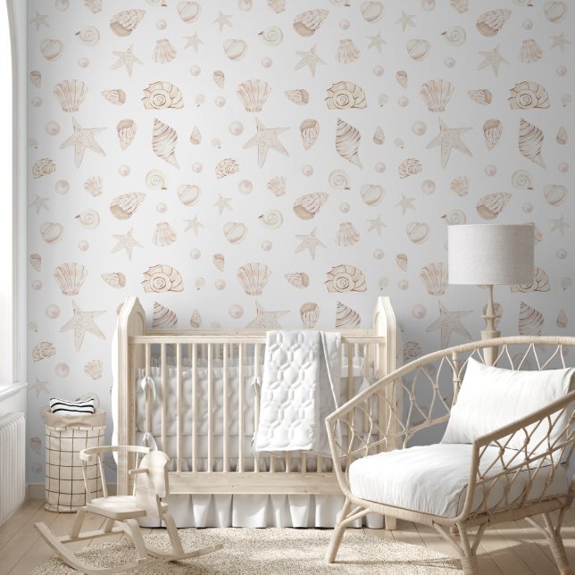 Boho Beige neutrale Nautikküste Perlen Muscheln Tapete (Kinder)