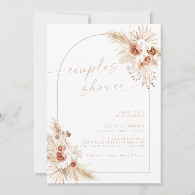 Boho Beige Pampas Grass Couples Dusche Einladung (Vorderseite)