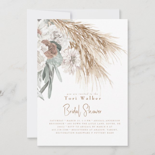 Boho Beige Pampas White Floral Brautparty Einladung (Vorderseite)