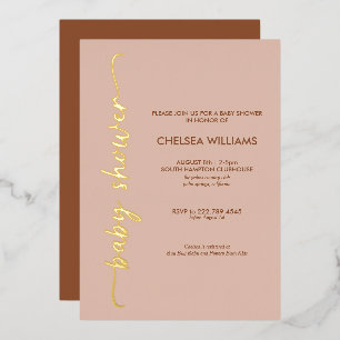 Boho Beige & Terracotta Gold Real Foil Babydusche Folieneinladung