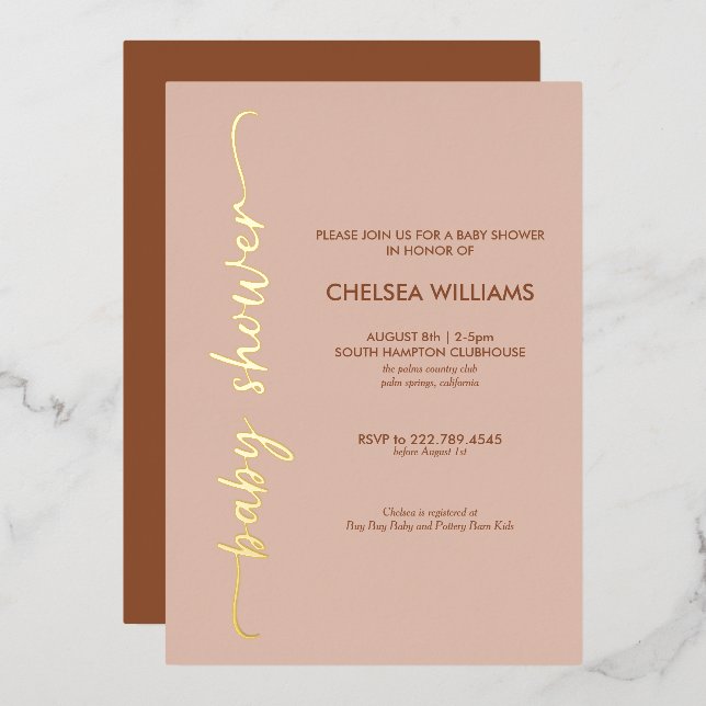 Boho Beige & Terracotta Gold Real Foil Babydusche Folieneinladung (Vorderseite/Rückseite)