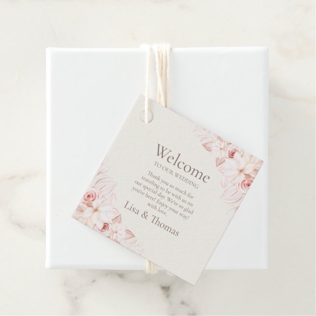 Boho Beige und Pink Roses Begrüßungsmarke Geschenkanhänger (Beispiel)