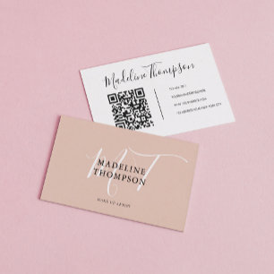 Boho Beige und White Script Calligraphy QR-Code Visitenkarte