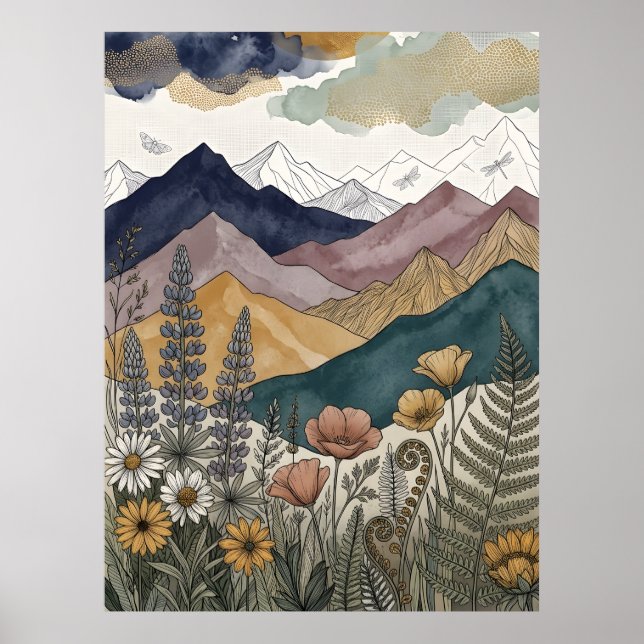 Boho-Berg-Lupinen-Wildblumenwiese Poster (Vorne)