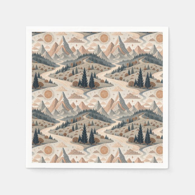 Boho-Bergfluss-Abstraktes Landschaftsmuster Kunst Serviette (Vorderseite)