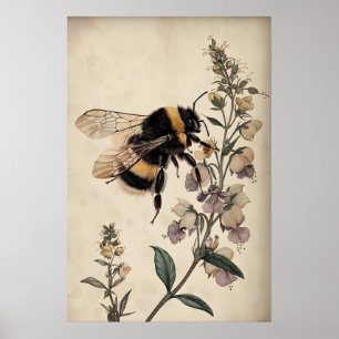 Boho-Biene im lila Blumenprint, melancholische Hum Poster