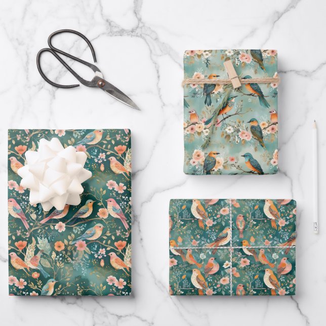 Boho Birds on Branches Botanical Geschenkpapier Set (Vorderseite)