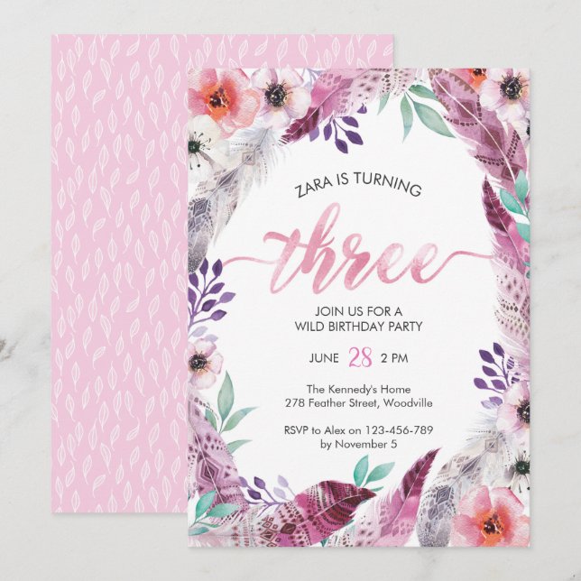 Boho Birthday Party Einladung | 3. Geburtstag (Vorne/Hinten)