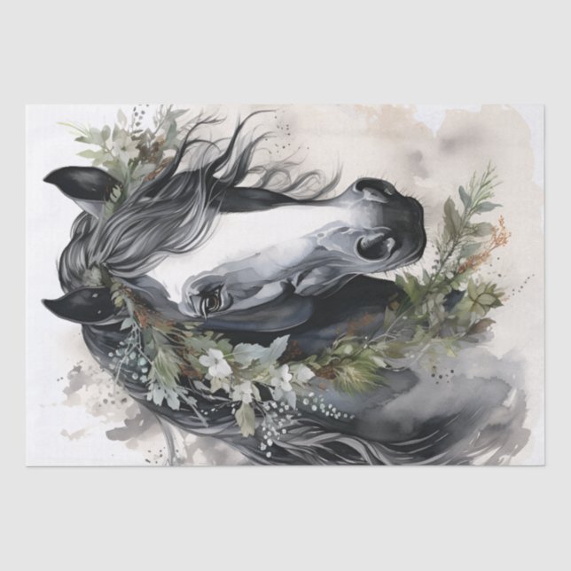 Boho Black and White Floral Horse Seidenpapier (Vorderseite)