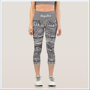 Boho Black and White Tribal Print Capri Leggings