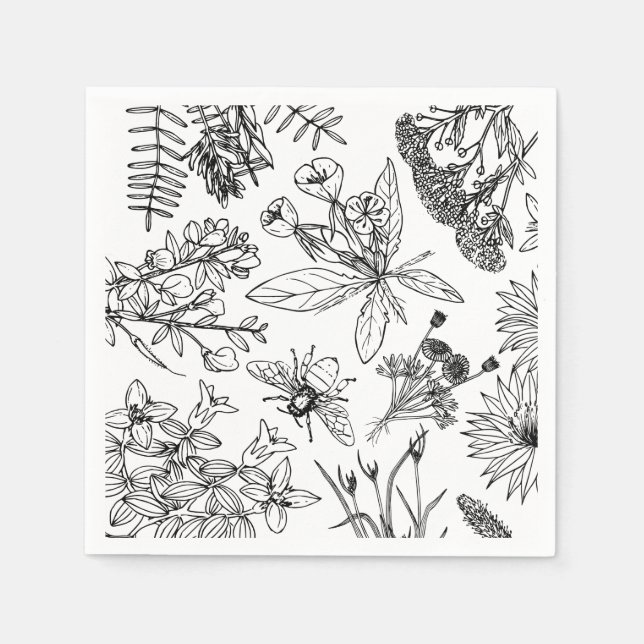 Boho Black and White Wildblume Paper Napkin Serviette (Vorderseite)
