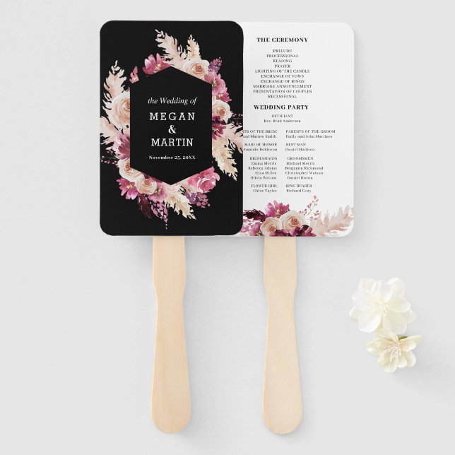 Boho Black Burgundy Bloral Wedding Hand Fan Fächer (Vorne und Hinten)