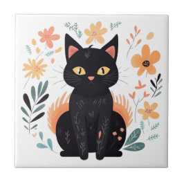 Boho Black Cat Skandinavien Folklore Art Fliese