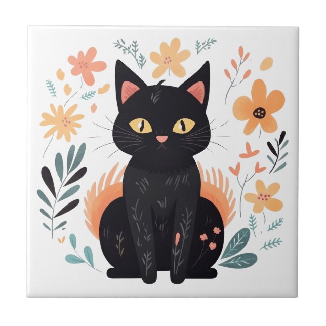 Boho Black Cat Skandinavien Folklore Art Fliese (Vorderseite)