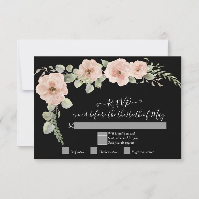 Boho Black Floral Blush Rose Rose RSVP Réponse (Devant)
