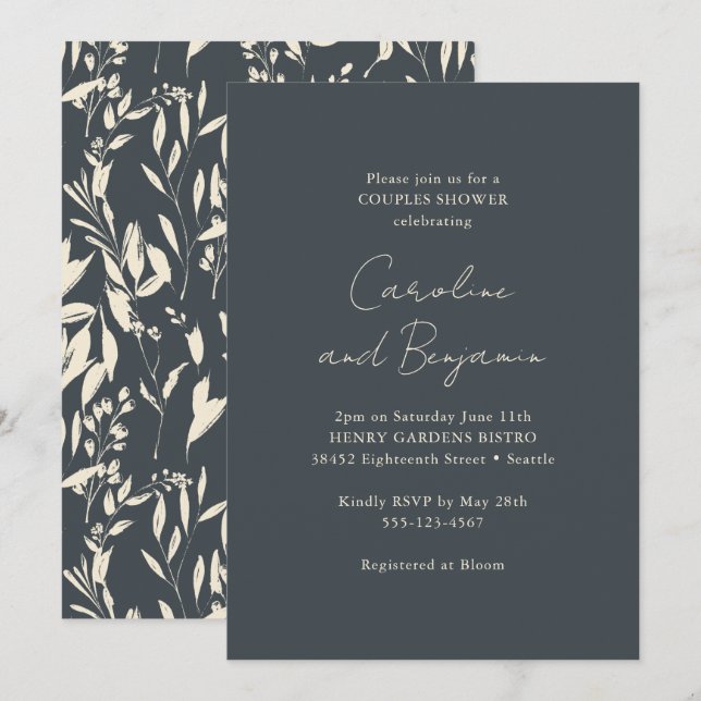 Boho Black Floral Elegante Minimalistische Dusche Einladung (Vorne/Hinten)
