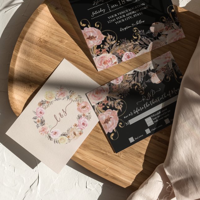 Boho Black Floral Rose Gold RSVP de réponse (Créateur téléchargé)