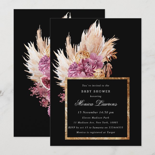 Boho Black, Gold Floral Invitation de douche nupti (Devant / Derrière)