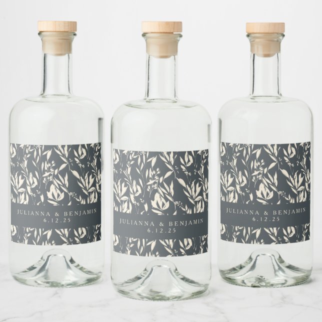 Boho Black Hand Drawn Bloral Wedding Custom Alkoholflaschenetikett (Flaschen)