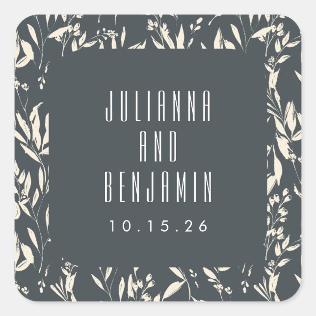 Boho Black Hand Drawn Bloral Wedding Custom Quadratischer Aufkleber (Vorderseite)