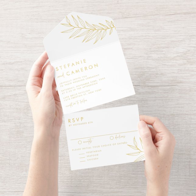 Boho Black Minimalist Foliage Wedding All-in-One-Einladung (Abreißstreifen)